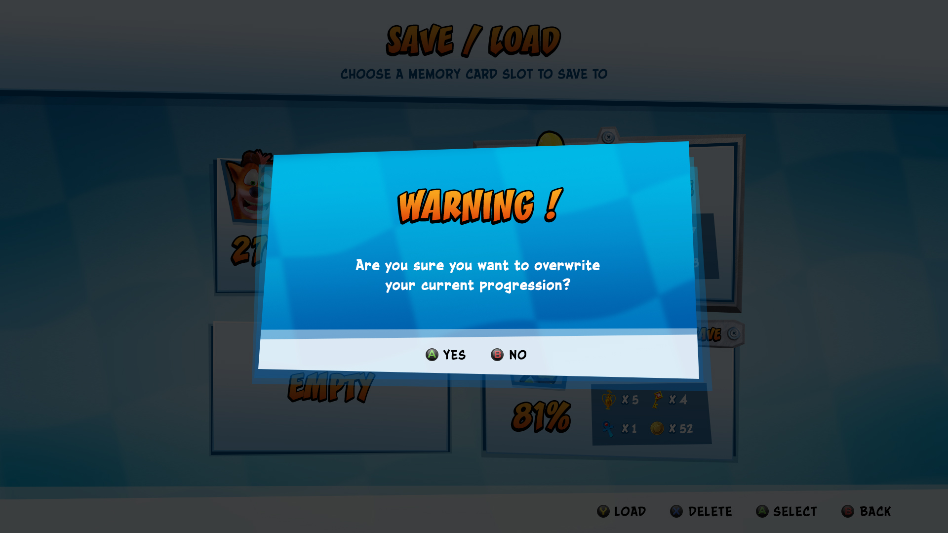 Crash Team Racing: Nitro Fueled Confirmation Pop-Ups Save Menu