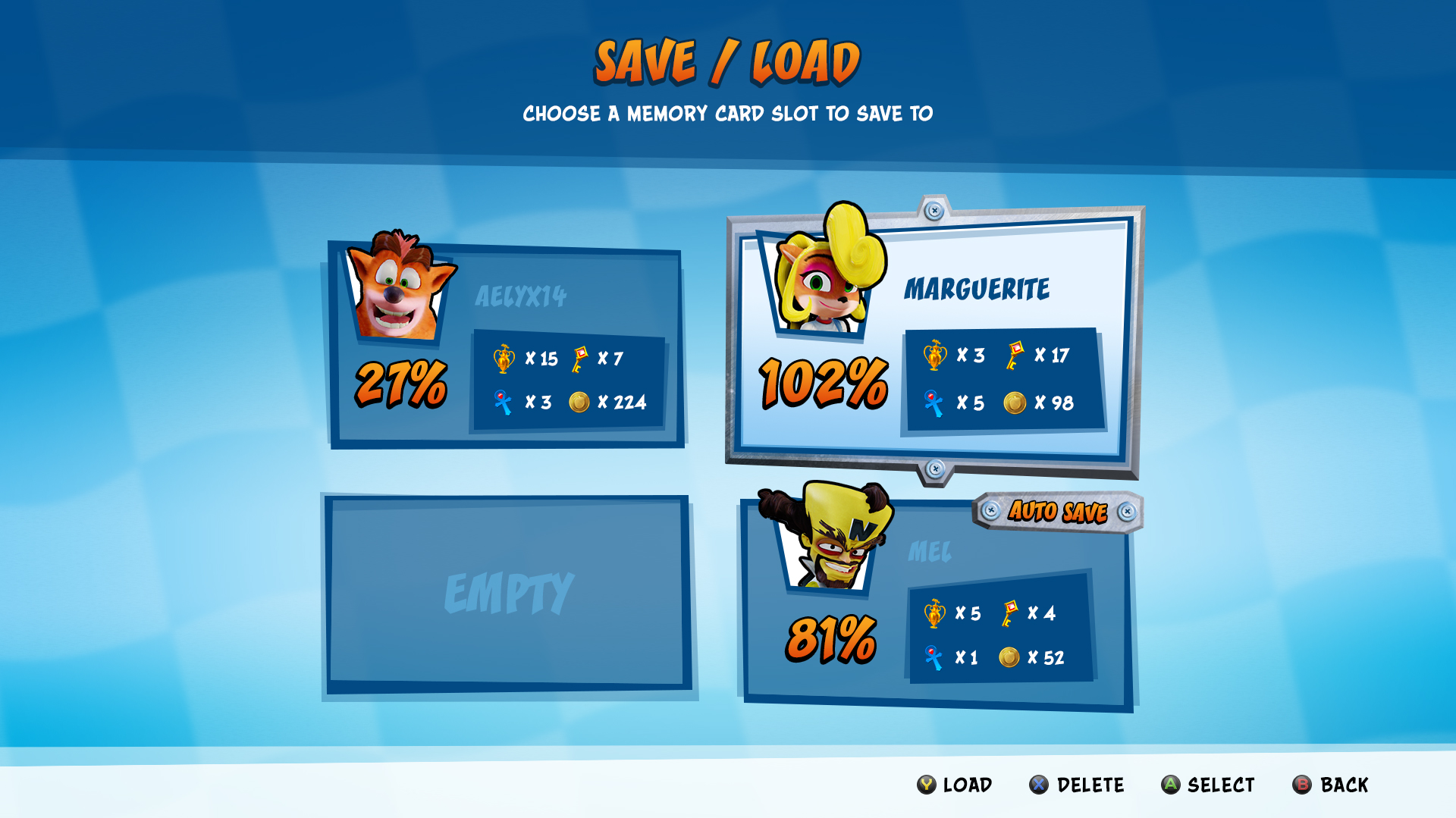 Crash Team Racing: Nitro Fueled Save Menu